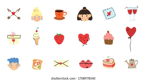 Vector doodle cute love valentine icons in simple design for kid's greeting card design, t-shirt print, inspiration poster.