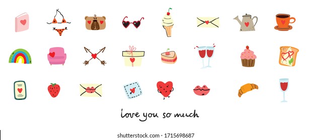 Vector doodle cute love valentine icons in simple design for kid's greeting card design, t-shirt print, inspiration poster.