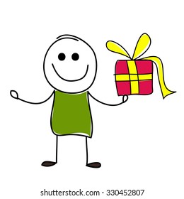 Vector doodle cute man is holding a gift and smiling.