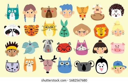 Vector Doodle Cute People And Animal Avatars In Simple Design For Kid's Greeting Card Design, T-shirt Print, Inspiration Poster.