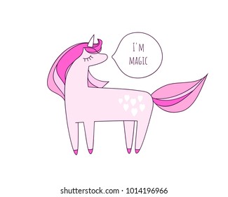Vector doodle cute pink unicorn with lush mane and tale and I'm magic text