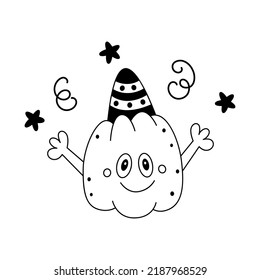 Vector doodle cute pumpkin with festive cap on head and stars.Childish happy halloween design element.Outline.Isolated on white background.