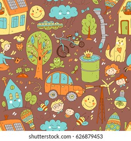 Vector doodle cute seamless pattern of ecology and family. Nature, alternative energy sources, resource saving, smart house. Color handdrawn illustration, cartoon style