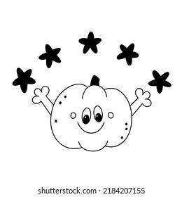 Vector doodle cute smiling pumpkin with stars. Festive childish happy halloween design element.Outline.Isolated on white background.