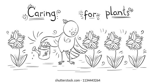 Vector doodle decor illustration Bird watering plants - caring