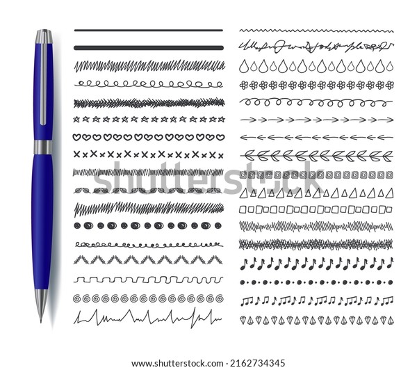 Vector Doodle Decorative Lines Decoration\
Doodle Collection Set with Realistic Blue Pen, Drawings Collection\
Isolated on White\
Background.