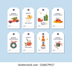 Vector doodle design Christmas greetings elements on white background. Christmas tags or labels set with typography and colorful icons
