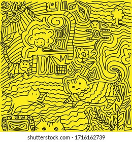 vector doodle desk with hand-drawn style creative work from home with cats concept.