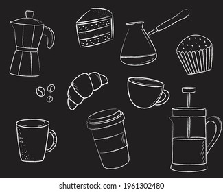 Vector doodle desserts and coffee with white chalk on a blackboard. Sweets line icons. Isolated on a dark background. Chalk drawing
