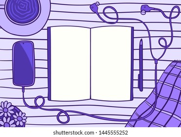 vector doodle diary notebook and smartphone for business planner on wooden table