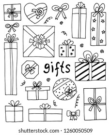 Vector Doodle with different gifts. Collection of boxes with gifts for new year, Christmas, birthday, and other holidays. Hand drawing on white background.