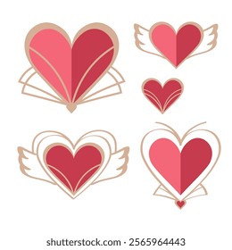 Vector doodle with different hearts, burning, flying in art deco style. Hand drawn set with different emotional symbols of love and expression of feelings. For Valentine's Day, congratulations, card
