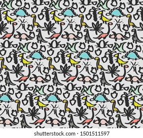 Vector doodle dinosaur seamless pattern in doodle style for children textile, logo. Icon set of different dino - tyrannosaurus, triceratops, pterodactylus, stegosaurus, diplodocus, egg, leaf, volcano