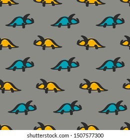 Vector doodle dinosaur seamless pattern in doodle style for children textile, logo. Icon set of different dino - triceratops