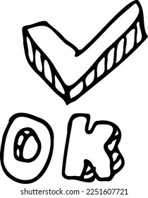 Vektordoodle von fertig Symbol mit OK Wort. Fertig, korrekt. Überprüfen Sie.
