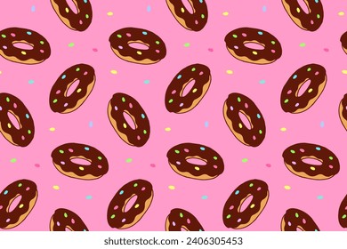 Vector Doodle Donut Seamless Pattern. Chocolate Doughnut on Pink Background. Cute Colorful Wallpaper