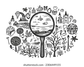 Vector doodle draw, Magnifier with plants, Abstract Lineart
