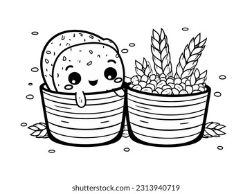 Dibujo de doodle vectorial, olla con plantas y trigo cutáneo dentro, lineal