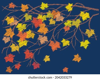 Vector doodle drawing of branch maple tree with colorful bright autumn leaves