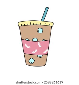vector doodle drawing drawing of cold coffee in a glass with a straw