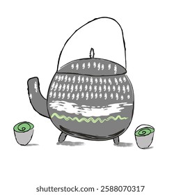 vector doodle drawing of a gray teapot with cups