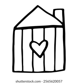 Vector Doodle Drawing of a House with a Heart. Home Line Icon Isolated on a White Background. Children's Drawing. Romantic Decorative Element for Valentine's Day Design. Sticker, Logo, Tattoo. Vector 