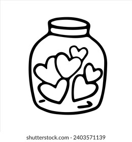 Vector doodle drawing of a jar with hearts. Linear drawing for postcard, valentine's day, birthday, wedding