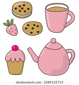 vector doodle drawing of pink teapot, cup, cookies, strawberry and muffin