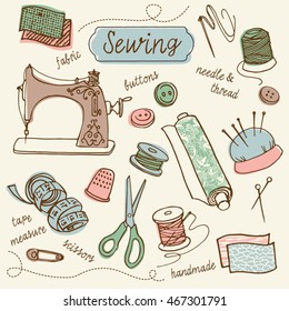 Vector doodle drawing of sewing and needlework icons