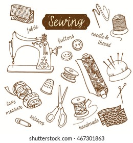 Vector doodle drawing of sewing and needlework icons