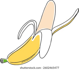 Vector doodle drawing of single peeled banana isolated on white background