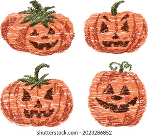 Vector doodle drawing of various smiling Halloween pumpkins