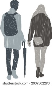 Dibujos vectoriales de siluetas abstractas de jóvenes con paraguas caminando juntos