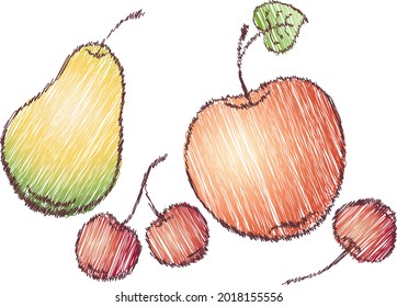 Vector doodle drawings of ripe red apple, yellow pear and cherry berries