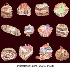 Vector doodle drawings of set various sweet brownies