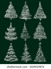 Vector doodle drawings of set various abstract decorative christmas trees