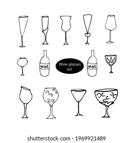 Vector doodle drink wine glasses set for kitchen, café, bar, restaurant, water, lemonade, juice, glasses for wine, champagne, vodka, cognac, brandy, cocktail, martini	