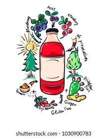 Vector doodle drinking bottle with natural ingredients. 