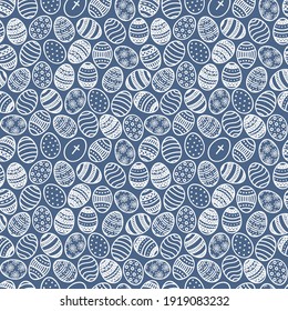 Vector Doodle Easter Eggs seamless pattern. Cartoon hand drawn traditional religious Holiday symbols. Cute blue white background, backdrop for design print, wrapping paper, packaging, textile