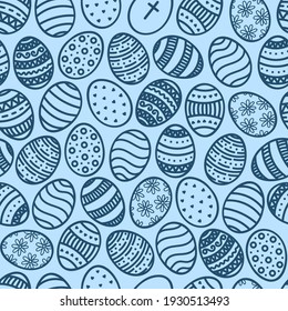 Vector Doodle Easter Eggs seamless pattern. Cartoon hand drawn traditional religious Holiday symbols. Cute blue background, backdrop for design print, wrapping paper, packaging, textile