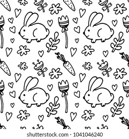 Vector doodle Easter seamless pattern. Black white ink illustration of rabbits, succulent leaves, hearts and other holiday design elements for textile print, wrapping, backgrounds. Easter background.