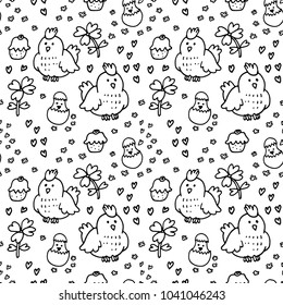Vector doodle Easter seamless pattern. Black white ink illustration of chicken and chick, flowers, hearts and other holiday design elements for textile print, wrapping, backgrounds. Easter background.