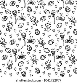 Vector doodle Easter seamless pattern. Black white ink illustration of eggs, flowers, hearts, butterflies and other holiday design elements for textile print, wrapping, backgrounds. Easter background.