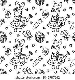 Vector doodle Easter seamless pattern. Black white ink illustration of easter eggs, rabbit, leaves and other holiday design elements for textile print, wrapping, backgrounds. Easter background.