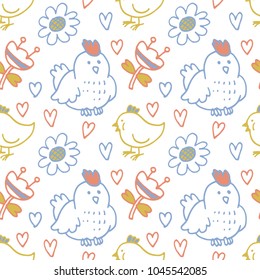 Vector doodle Easter seamless pattern. Colorful illustration of chicken, chick, flowers, hearts and other holiday design elements for textile print, wrapping, backgrounds. Colorful Easter background.