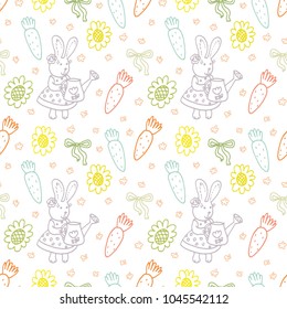 Vector doodle Easter seamless pattern. Colorful illustration of easter eggs, rabbit, leaves and other holiday design elements for textile print, wrapping, backgrounds. Colorful Easter background.