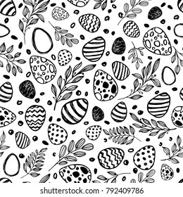 Vector doodle Easter seamless pattern. Black white watercolor, ink illustration of easter eggs, leaves and branch. Holiday design elements for textile print, wrapping, backgrounds.