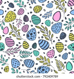 Vector doodle Easter seamless pattern. Hand drawn colorful watercolor, ink illustration of easter eggs, leaves and branch. Holiday design elements for textile print, wrapping, backgrounds.