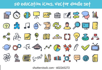 Vector doodle education icons set. Stock cartoon signs for design.