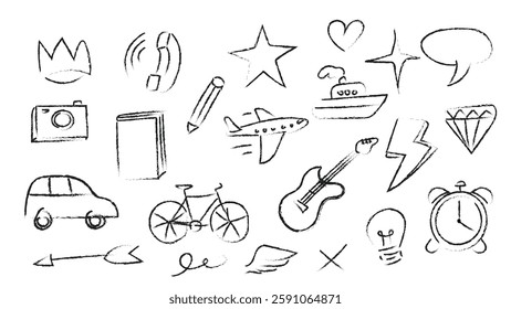 vector doodle element, book, stars, cars, bicycle, camera, arrow, guitars, lighting, crown, diamond